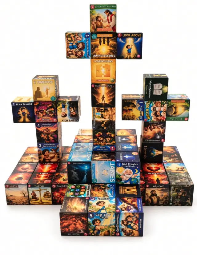Kingdom Cubes stacked into a cross with story faces like Cast Your Cares and God Creates the World